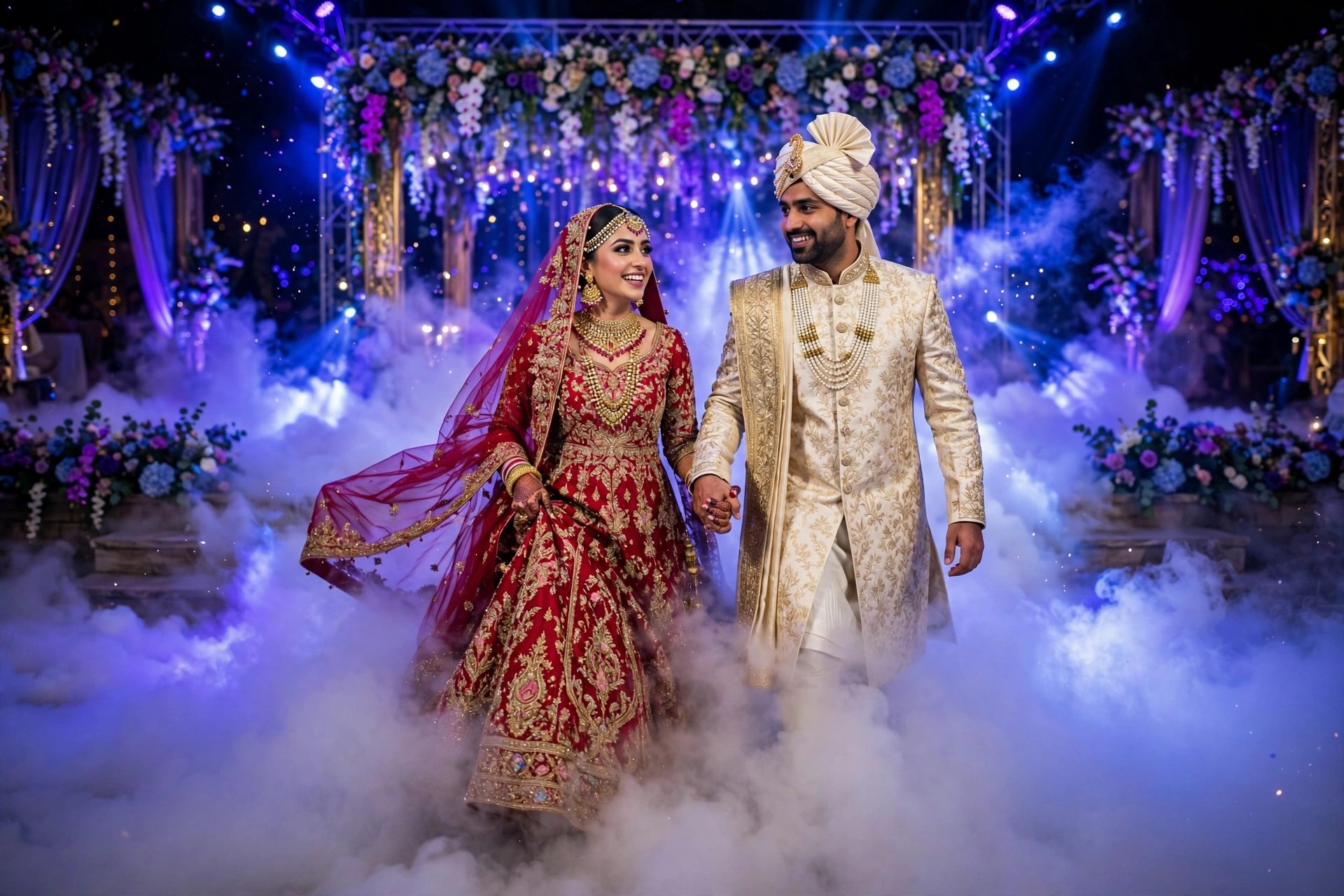 Bride and groom entry through dry ice fog effects at a wedding