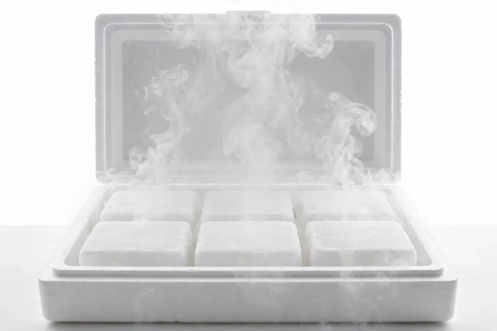 How long does dry ice last? Dry ice blocks stored in a thermocol box to stay frozen longer