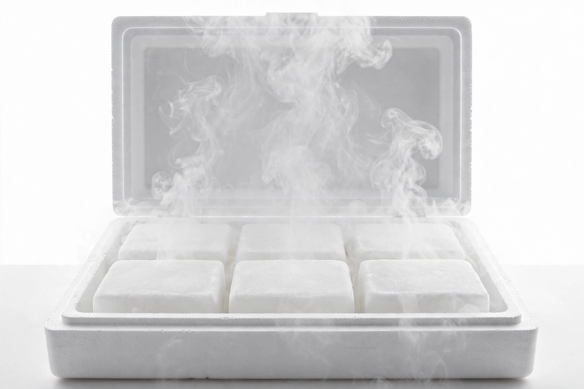 Dry ice blocks stored in a thermocol box to last longer
