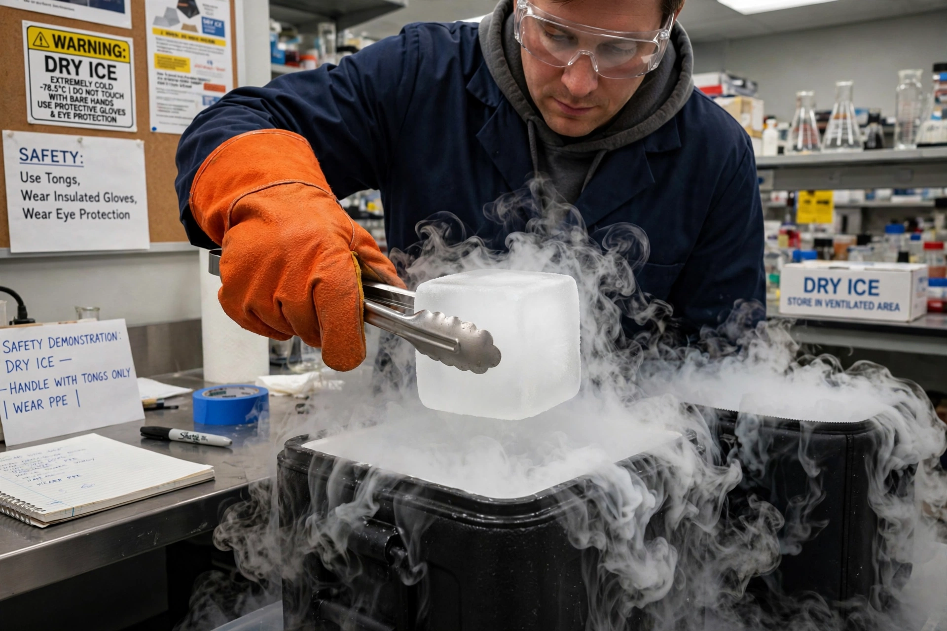 Handling dry ice safely with protective gloves