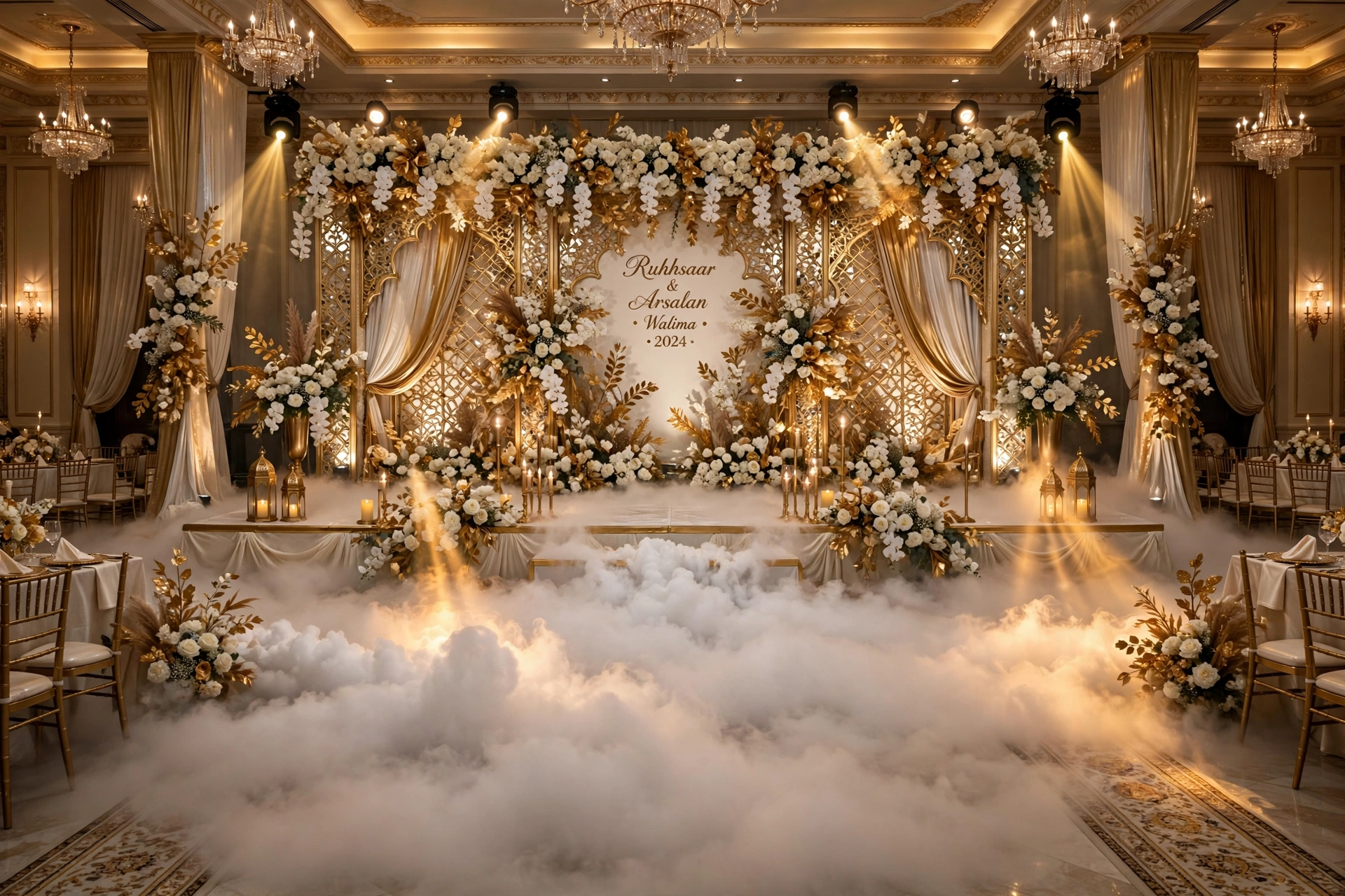 Dry ice fog effects on a wedding stage in Pakistan